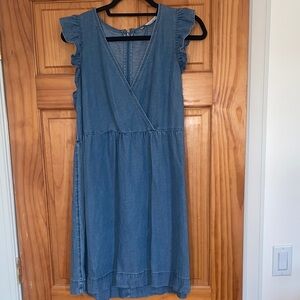 LOFT Chambray Denim Dress with Cross Over Top and Flutter sleeves